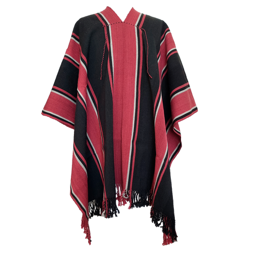 Atuel handwoven Argentine wool poncho with dark base and red Listado stripes