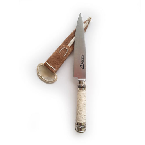 Braided rawhide and alpaca knife with rawhide sheath
