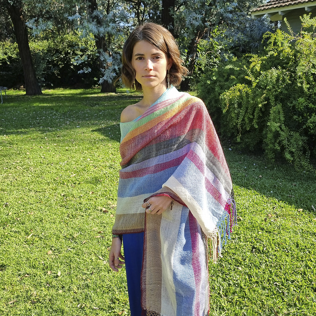 Camino de Colores lightweight wool shawl with multicolored stripes