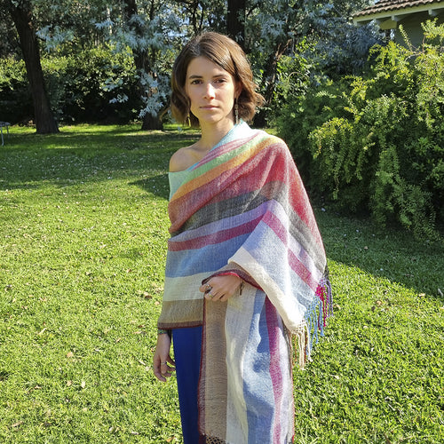 Camino de Colores lightweight wool shawl with multicolored stripes