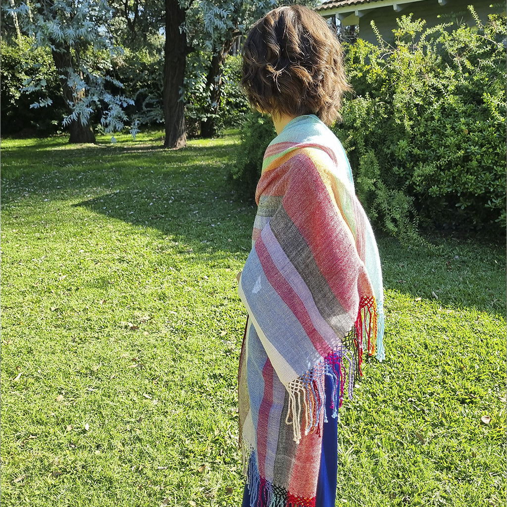 Camino de Colores shawl with soft movement and fringed finish