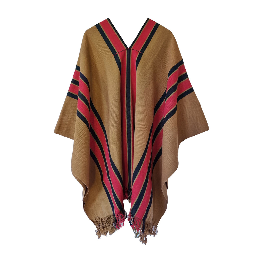 Chumbicha handwoven Argentine wool poncho with warm brown Listado stripes