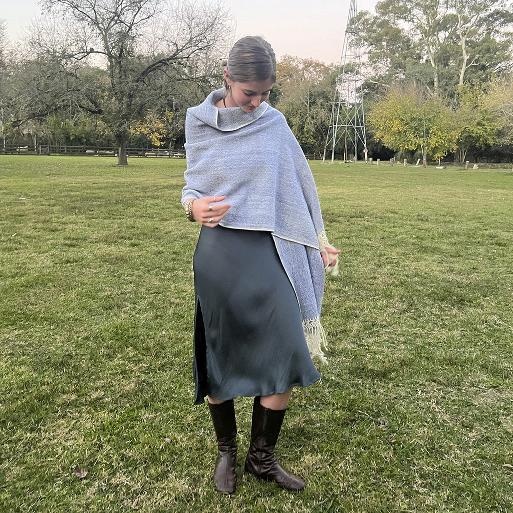 Cielo Sur lightweight wool shawl in sky blue and cream tones