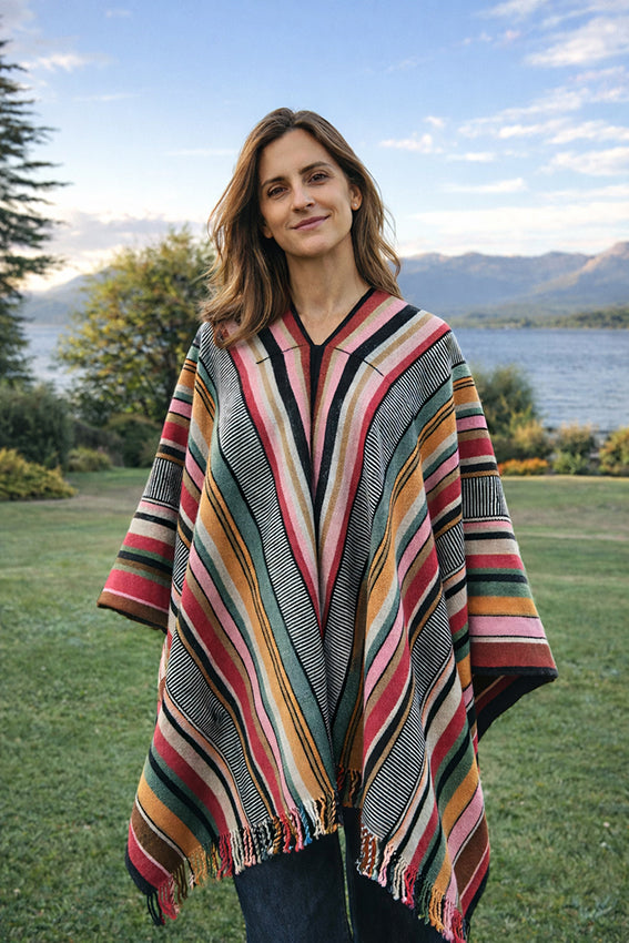 Colorful natural dyed stripes on Churcal Argentine wool poncho