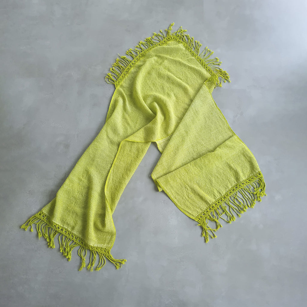 Lime green sheep wool ruana with fringed edges selected by Vakiano