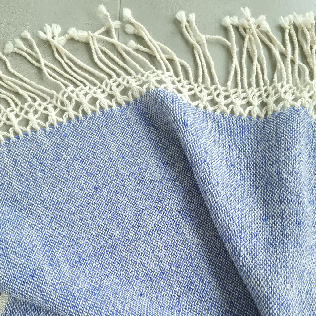 Sky blue sheep wool shawl with soft fringed edges selected by Vakiano