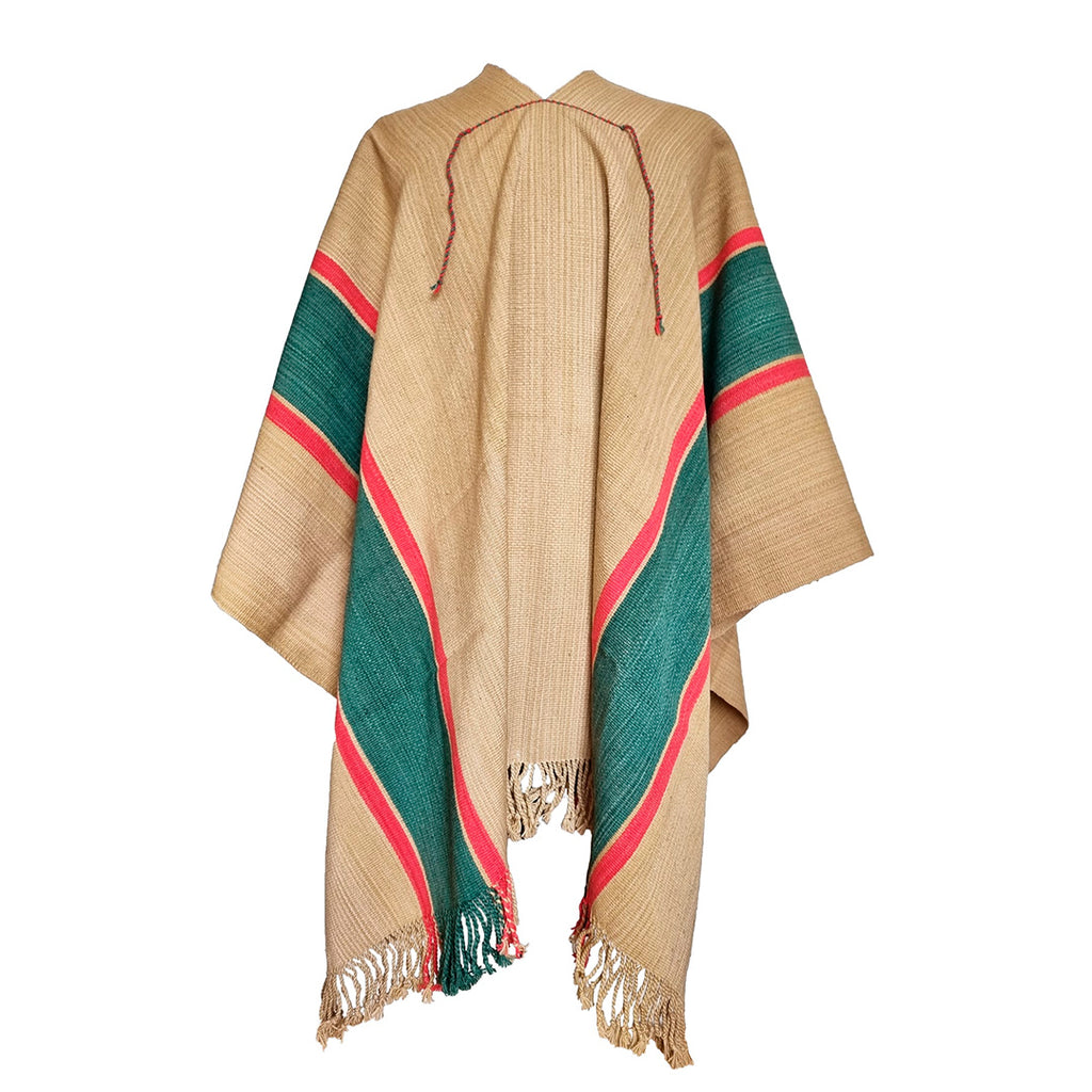 Talamayo handwoven Argentine wool poncho with beige background and green Listado band