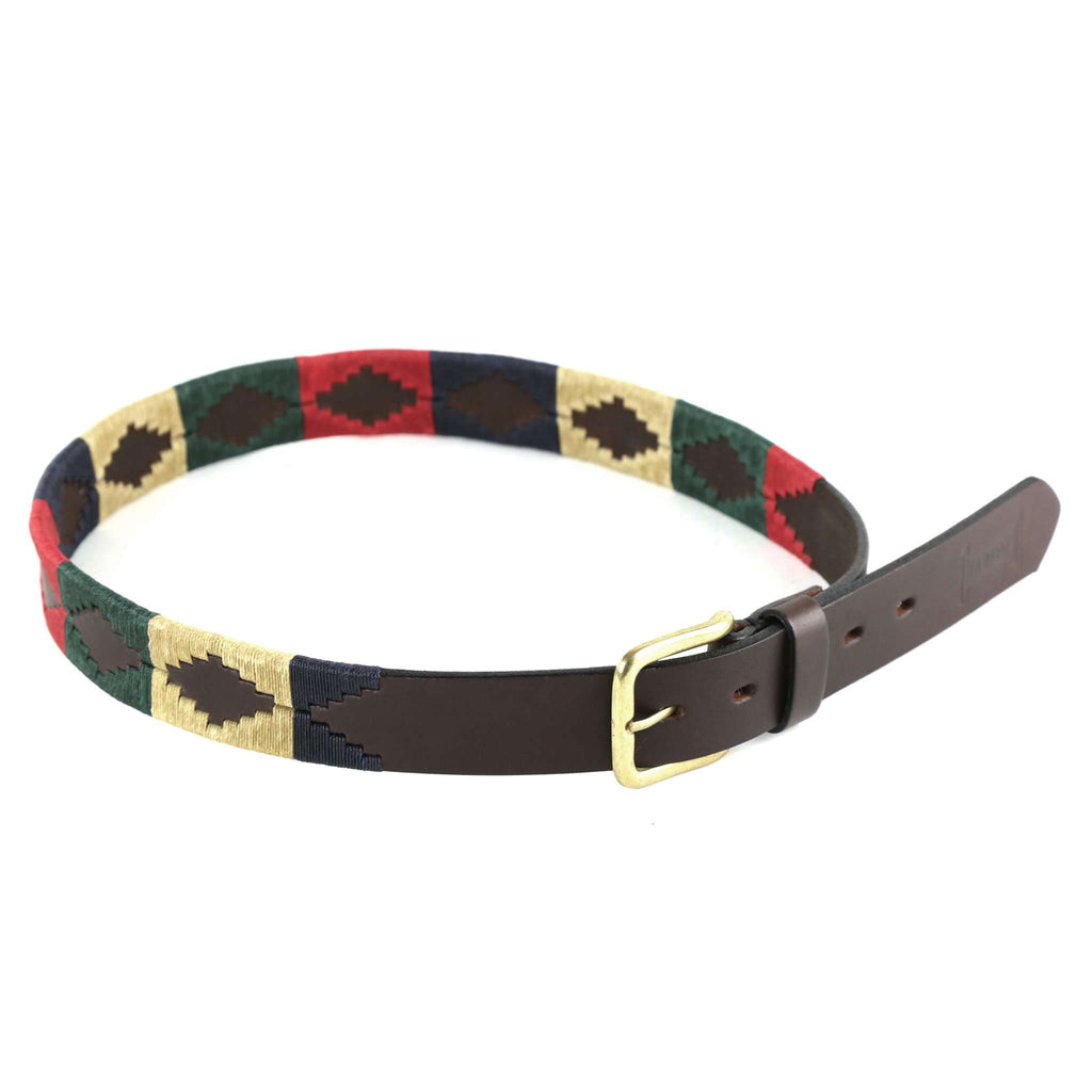Brown leather polo belt with turquoise, red, beige and navy details