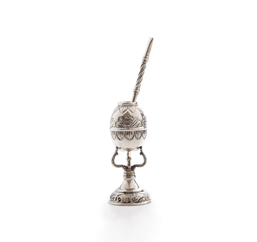 Chalice-style Silver 900 mate and bombilla with floral motifs