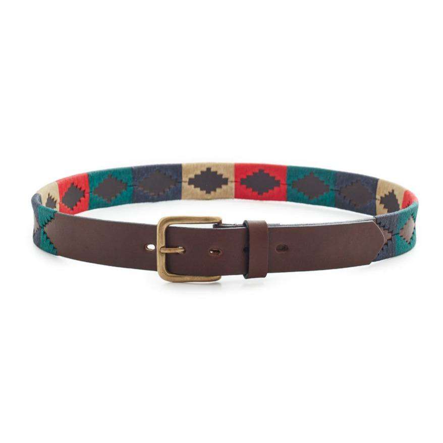 Classic Soshon Argentine leather polo belt with colorful geometric pattern