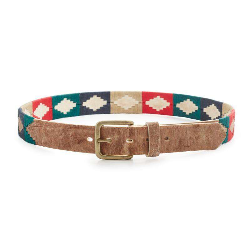 Classic Soshon Rawhide leather polo belt with colorful geometric pattern