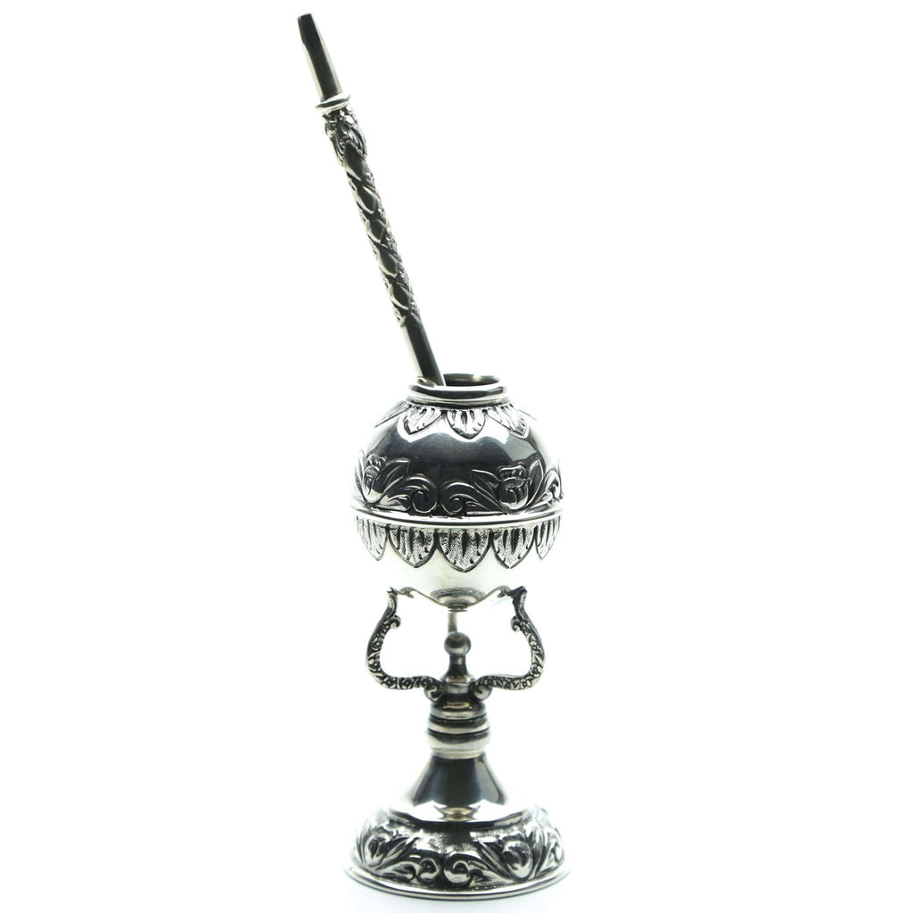 Colonial style Silver 900 mate and bombilla with floral motifs