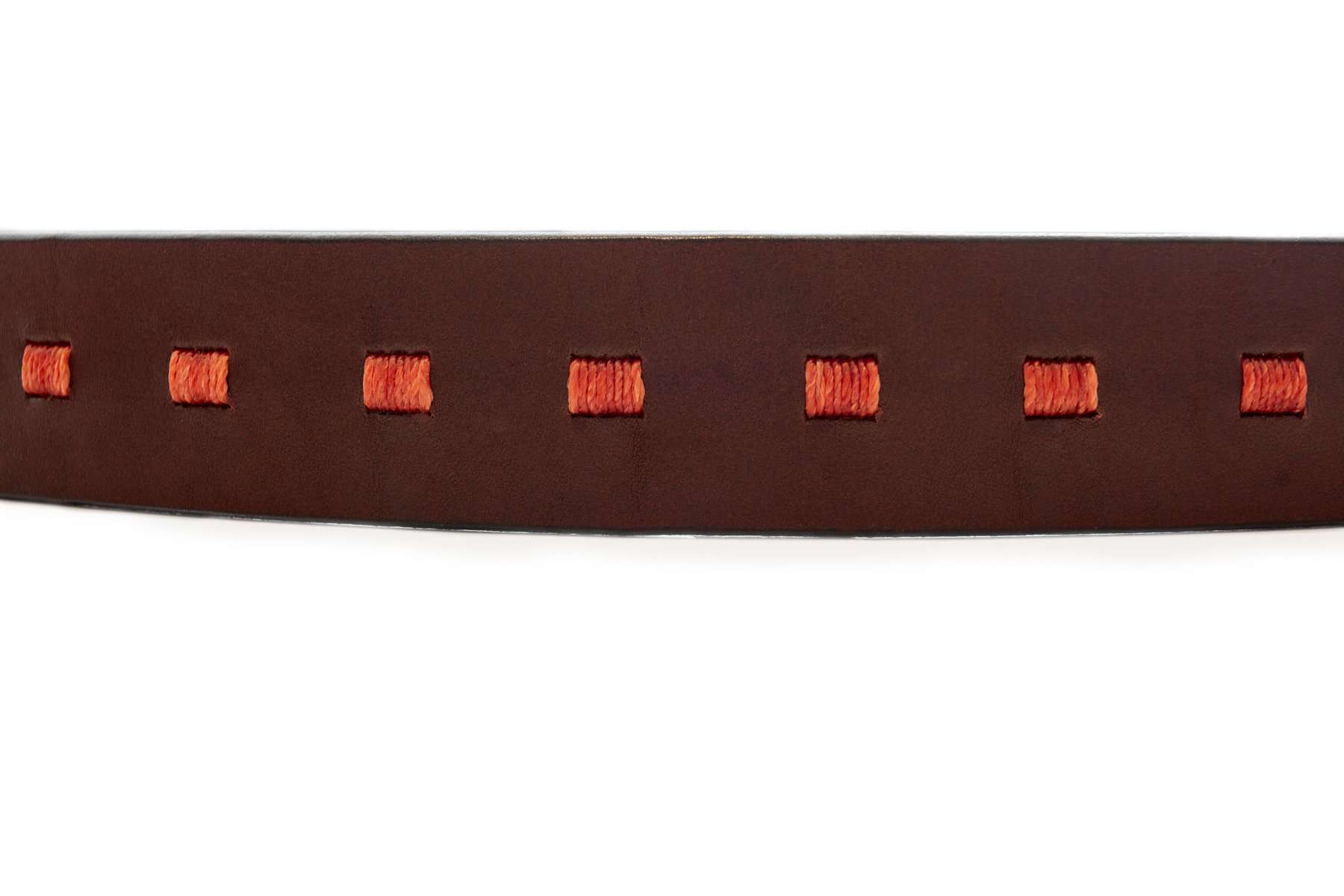 Dark brown leather polo belt with small orange stitched accents and metal buckle