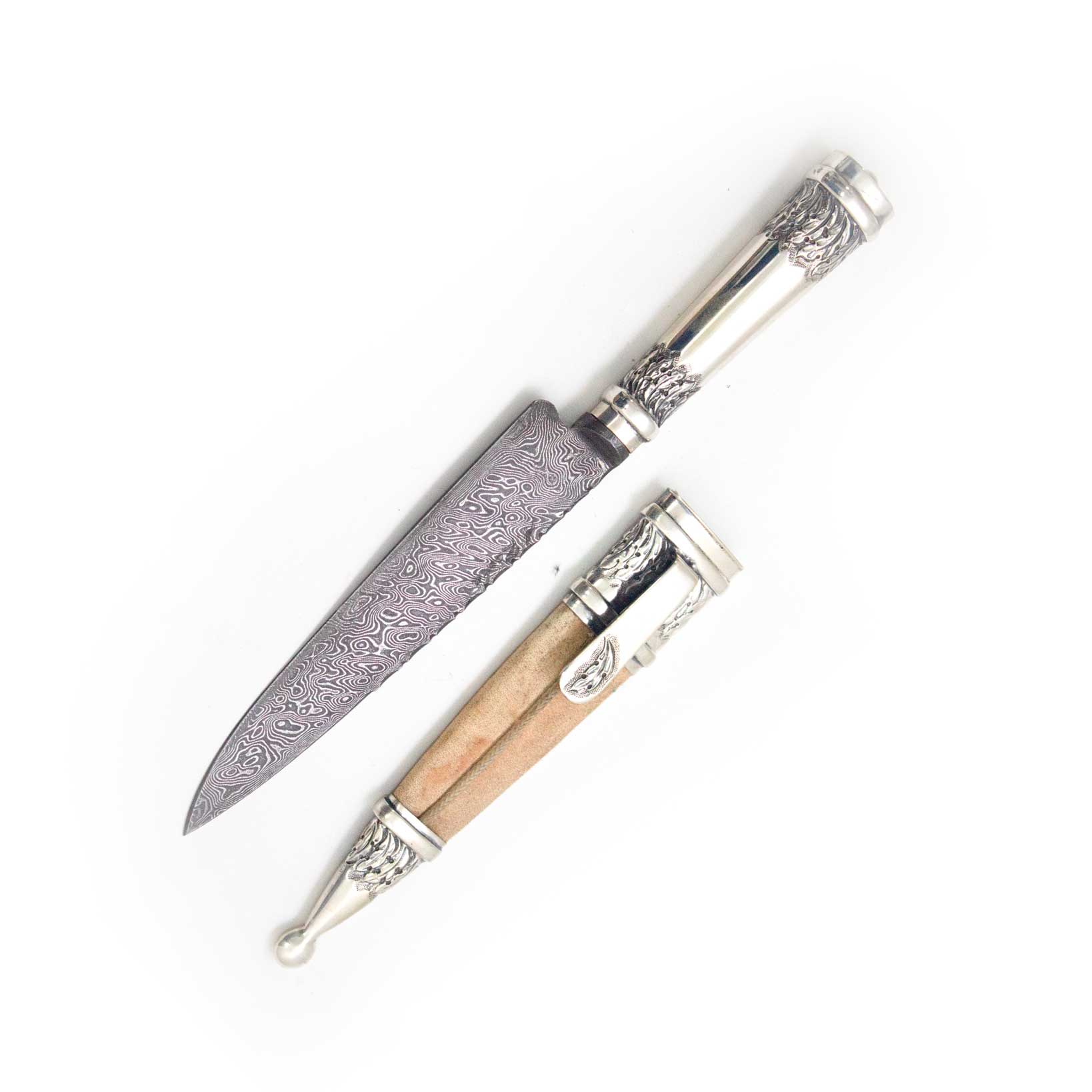Handmade knife with Silver 900 handle and Damascus blade