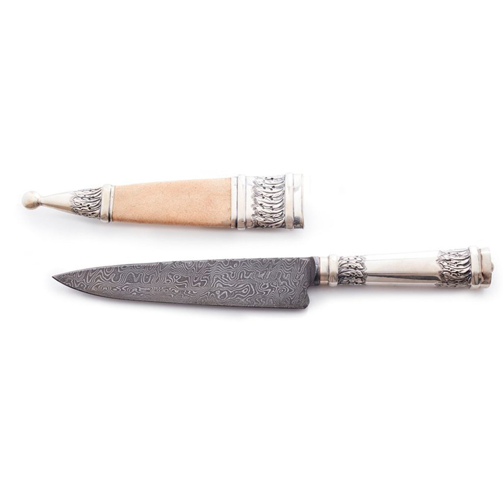 Silver handle Knife with Picasa Sheat, Leaf Motif and Damascus Blade - Vakiano