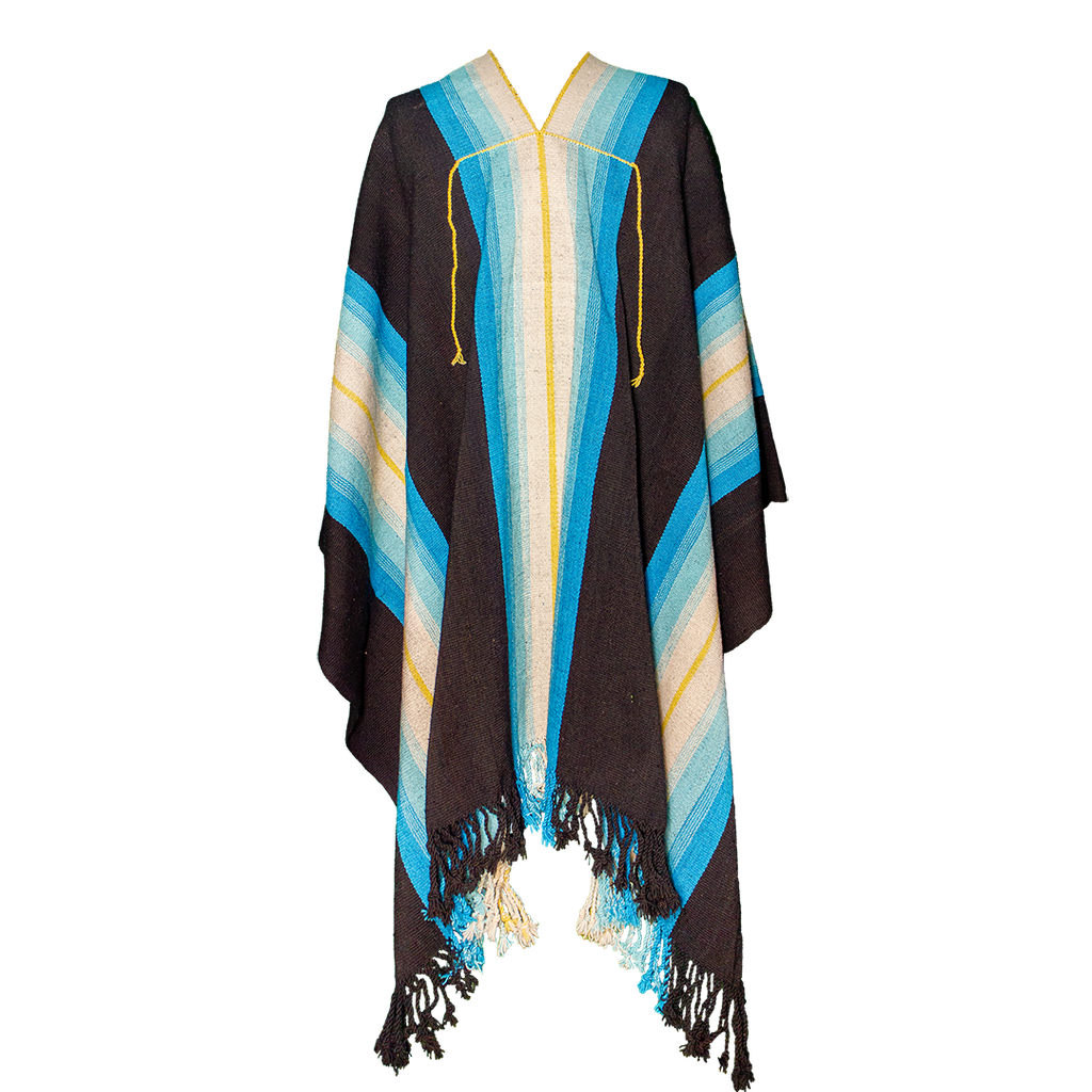Molinos handwoven Argentine wool poncho with dark base and blue Listado stripes