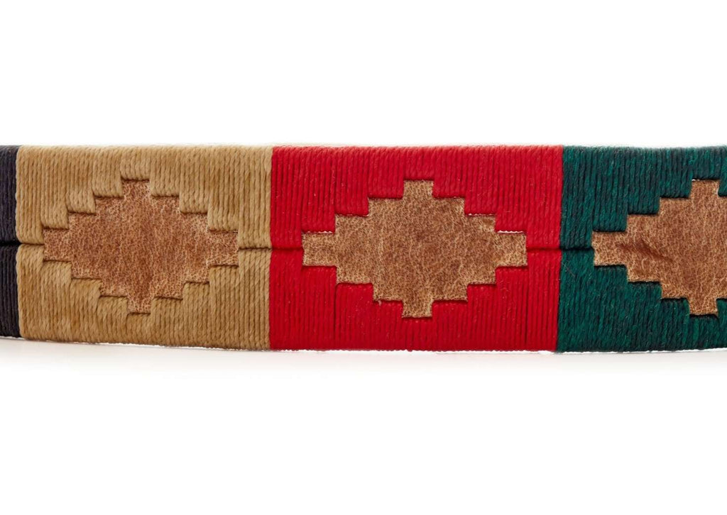 Natural tan Argentine leather polo belt with turquoise, red and beige details