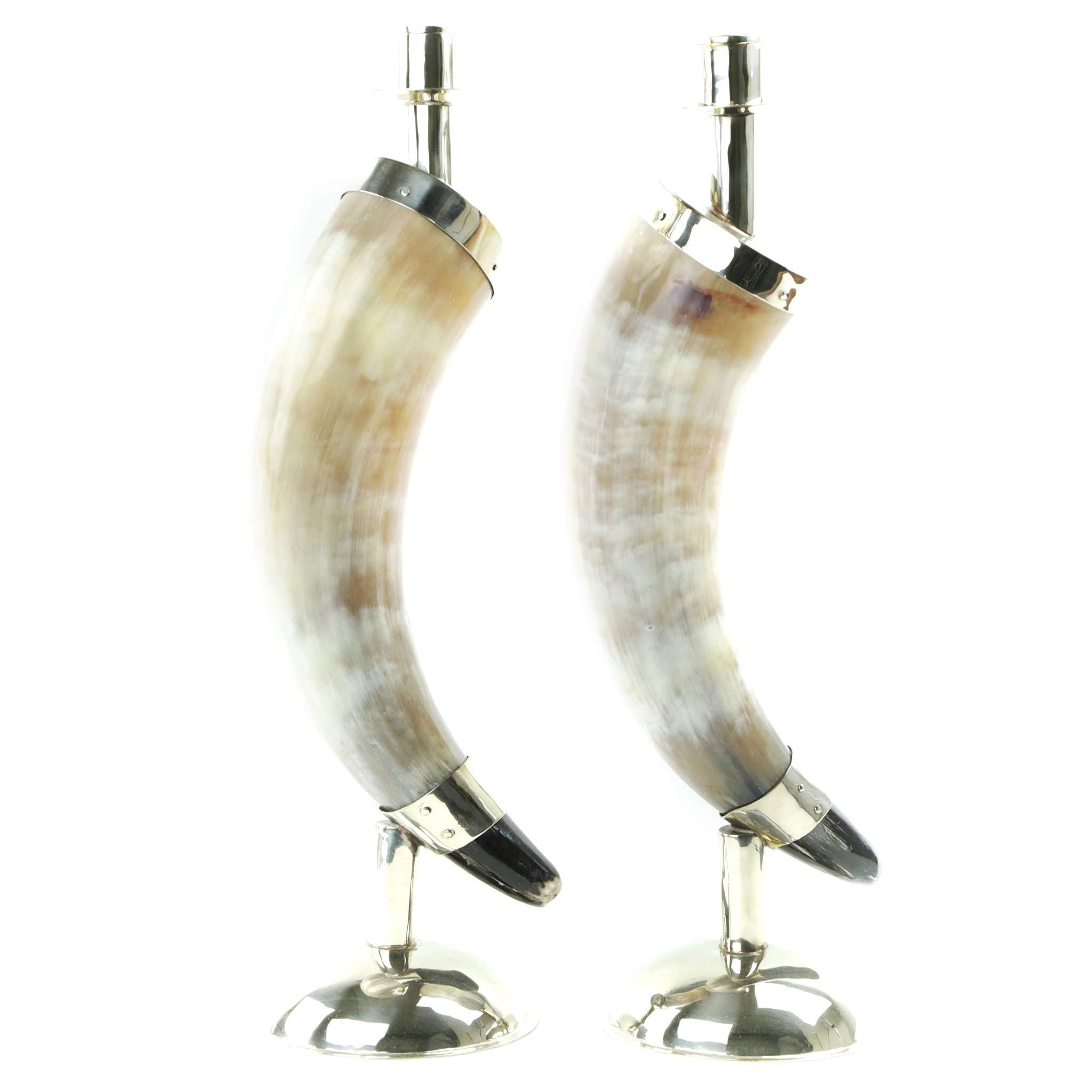 Pair of beige cow horn and nickel silver candelabra