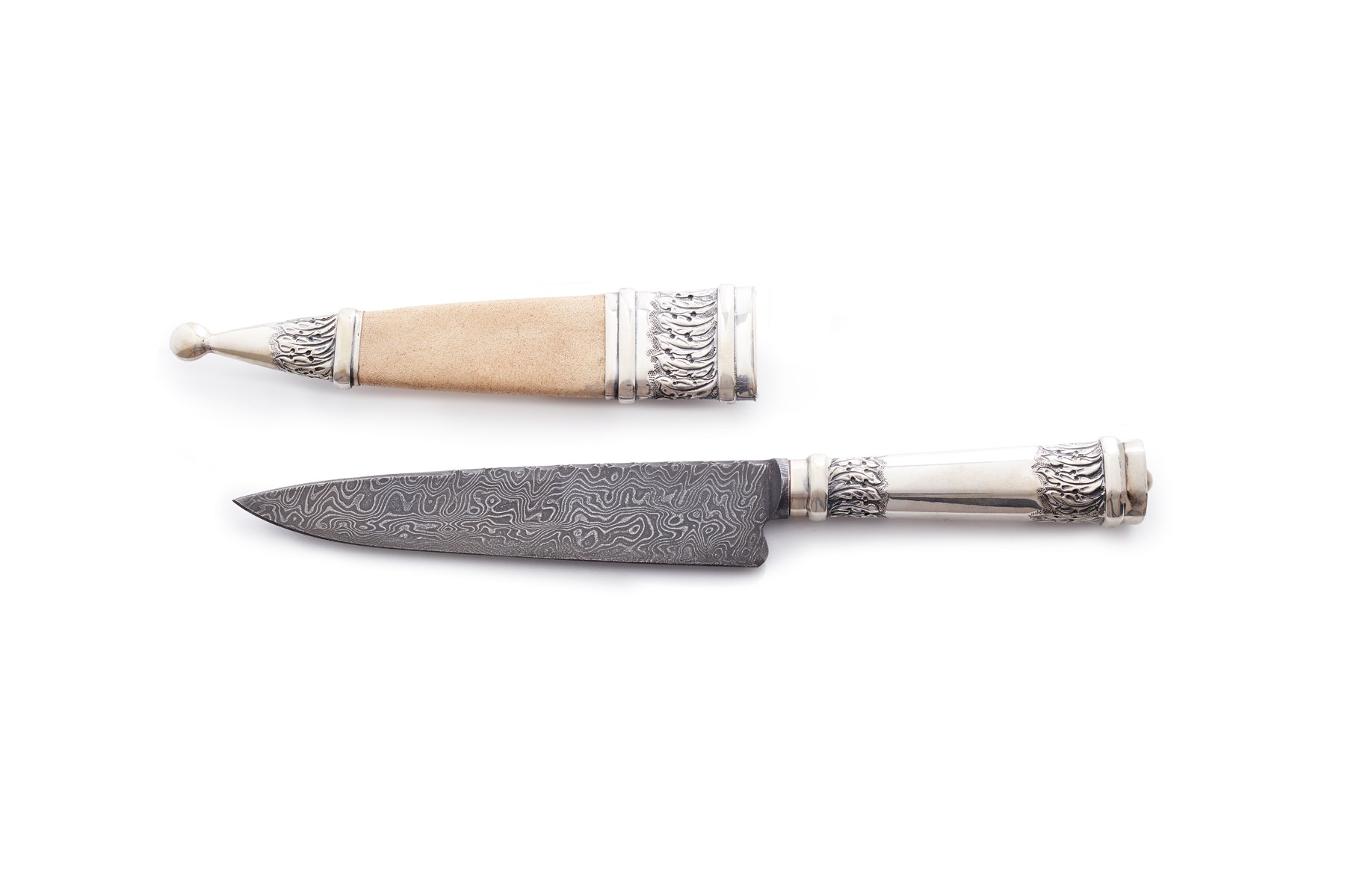 Silver handle Knife with Picasa Sheat, Leaf Motif and Damascus Blade - Vakiano